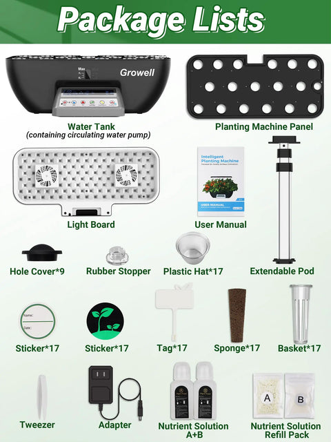 Dope Indoor Hydroponics Growth System Kit with 17 Pods package list showing components and accessories included.