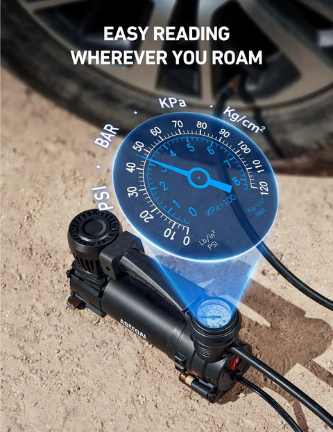 Heavy Duty 12V Air Compressor Portable Tire Pump displaying easy-to-read pressure gauge, ideal for trucks and SUVs.