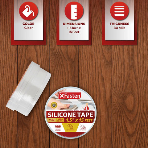 Clear Self-Fusing Silicone Tape Pro, 1.5 Inch By 15 Foot, 30 Mils, packaging on wooden surface, showing color and dimension details.
