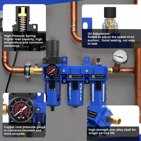 Three Eighths Inch NPT Air Compressor Water Separator Filter Regulator Lubricator Combo With Brass Filter Desiccant Dryer