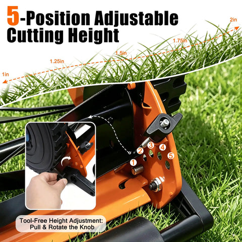 Effortless 14-Inch 5-Blade Push Reel Lawn Mower For Small Yards, manual walk-behind with 5-position height adjustment, orange frame