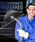 Welder wearing helmet showcasing polycarbonate lens benefits; 20 Pcs Universal Welding Helmet Hood Replacement Go-To Clear Lens Covers Outside 4.5 By 5.25 Inch Standard Size Protects Lens From Spatter Sparks And Debris, Durable Disposable Outer Shields For Welding Helmets.