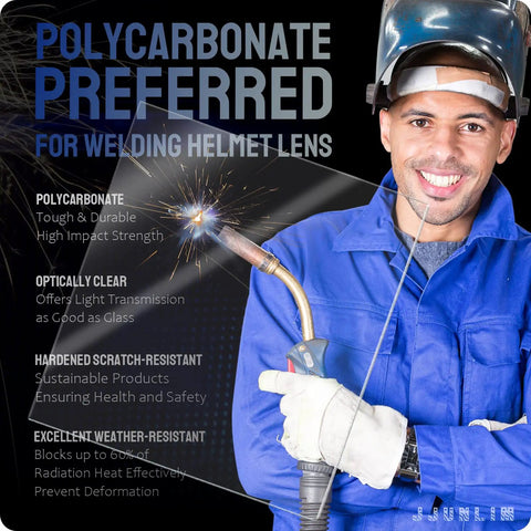 Welder wearing helmet showcasing polycarbonate lens benefits; 20 Pcs Universal Welding Helmet Hood Replacement Go-To Clear Lens Covers Outside 4.5 By 5.25 Inch Standard Size Protects Lens From Spatter Sparks And Debris, Durable Disposable Outer Shields For Welding Helmets.