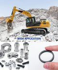 Heavy Duty Nitrile 90 Shore D Ring Kit With 9 Sizes And 80 Printed Rings For Hydraulic Hose Fittings Replacement Fits CAT Excavator 2701535 4C4784 Oil Resistant Tough Worksite Ready For Extreme Temps And UV Exposure shown with excavator and fittings