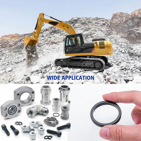 Heavy Duty Nitrile 90 Shore D Ring Kit With 9 Sizes And 80 Printed Rings For Hydraulic Hose Fittings Replacement Fits CAT Excavator 2701535 4C4784 Oil Resistant Tough Worksite Ready For Extreme Temps And UV Exposure shown with excavator and fittings