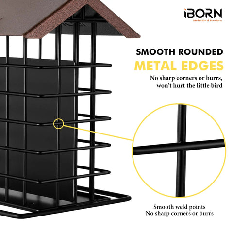 Close-up of Outdoor Suet Feeder With Squirrel Proof Hook For Birds All Metal Roofed Cage Feeder Weatherproof design.
