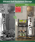 Before and after view of Golf Bag Storage Cart With Wheels Organizer For A Single Golf Bag And Gear Ideal For Home Garage Club Shed Or Basement Sturdy Wood And Metal Construction Includes Shelves Ball Rack And Retractable Strap