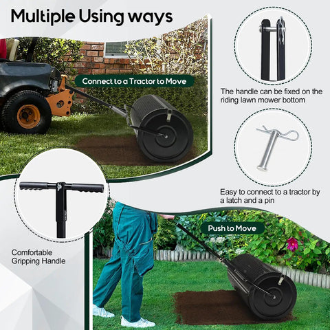 Beast Compost And Peat Moss Spreader for Lawns and Gardens with 2 in 1 ATV and T Shaped Handle, shown in use and connection