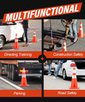 Collage featuring 6 Pack 28 Inch Traffic Cones With Reflective Collar For Parking Lots And Driving Training Durable PVC Heavy Duty Safety Cones With Handles Highly Visible Day And Night in use for directing, construction, parking, and road safety.