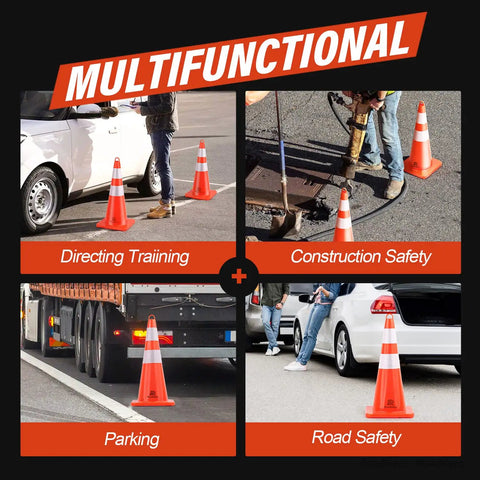 8 Pack 28 Inch Traffic Cones With Highly Visible Reflective Collar Orange Safety Cones used for training, construction, parking, and road safety.