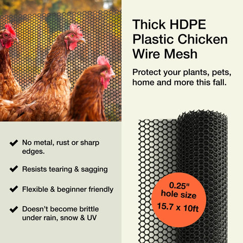 Heavy Duty Plastic Chicken Wire Fence For Pet Protection 15.7 Inches By 10 Feet Black HDPE Mesh Chew Resistant Outdoor Garden Barrier for Dogs Cats and Rabbits Ideal Balcony and Flower Bed Protector 1 Pack with chickens.