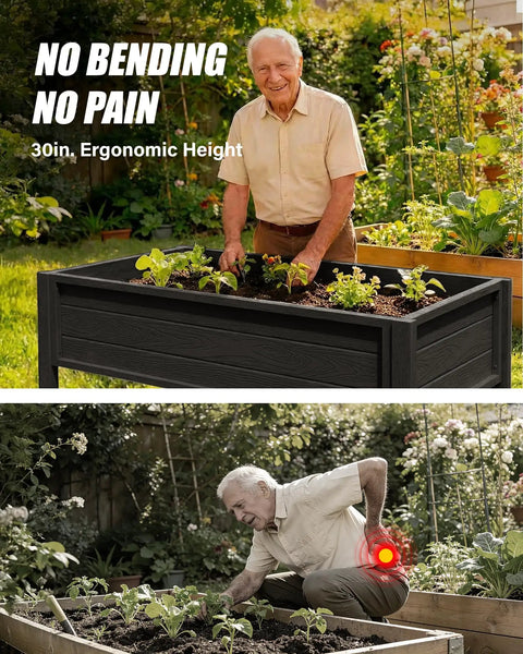 Elderly man gardening with Waist-High Raised Garden Bed On Legs For Easy Upright Gardening 48X24X30 Inch Elevated Planter Box.