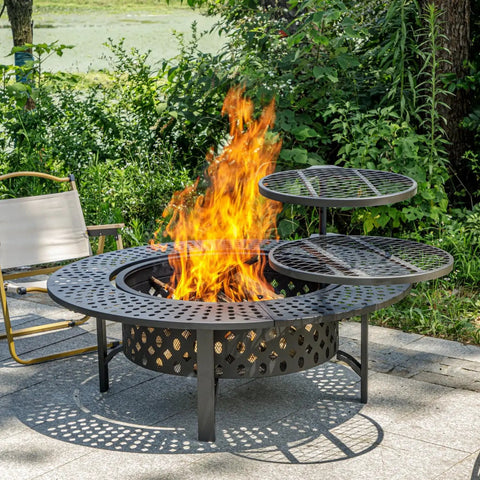 47 Inch Round Fire Pit With Two Grills, Lid And Tabletop, 3 In 1 Outdoor Fire Pit For Backyard