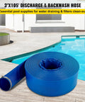 Heavy Duty PVC Lay Flat Discharge Hose 3 Ft By 105 Ft With Clamps For Pool Backwash And Water Transfer Weather Resistant Burst Proof Reinforced Braided Construction Built To Last Outdoor Use Blue next to pool