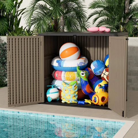 Spacious Outdoor Storage Shed Resin Cabinet With 48 Cu Ft Capacity for patio accessories and toys, open by a poolside.