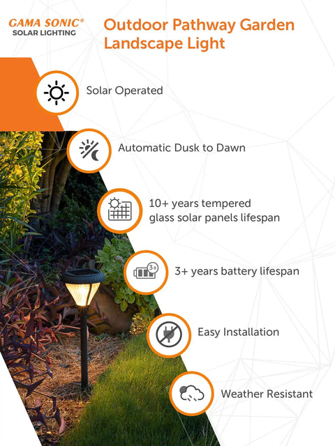 Outdoor Solar Pathway Lights 2-Pack, 2 Color LEDs, illuminating garden pathway, features list beside with solar and weather icons.