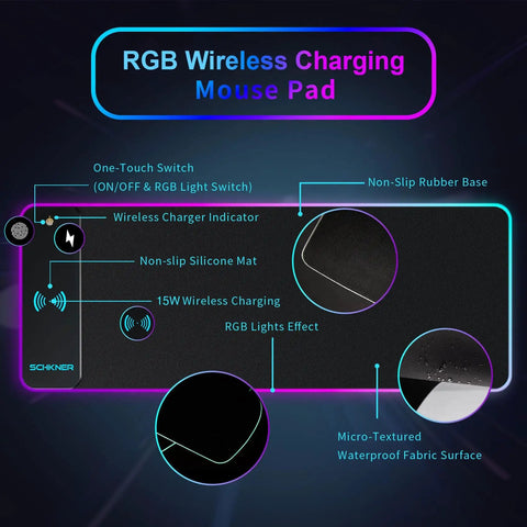 Diagram of RGB Gaming Mouse Pad With 15W Wireless Charging, highlighting features like non-slip base and waterproof surface.