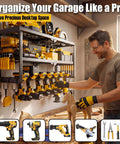 Heavy Duty Power Tool Organizer For Wall Mount Garage Storage With 320 Pounds Capacity Three Tier Iron Wire Rack With Seven Drill Slots And Battery Charging Station Shelf Great Gift For Dad Handyman mounted on wall with tools.