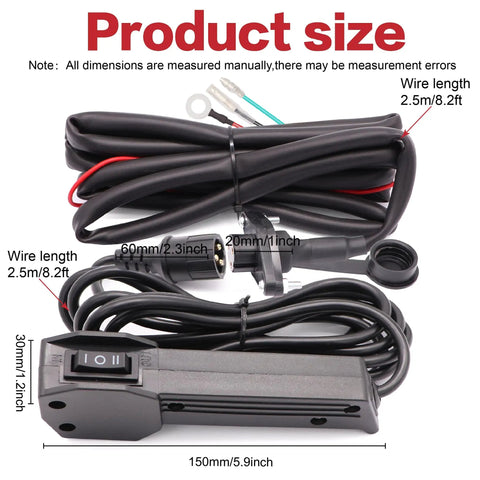12V Winch Corded Manual Remote Control Kit with 10 ft cable and plug-and-play wiring shown with switch and dimensions