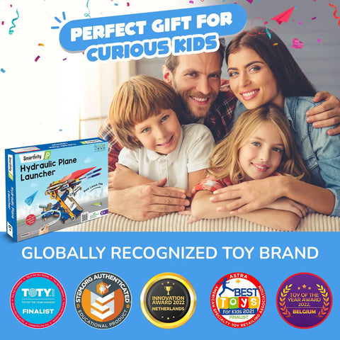 Family with kids holding 2in1 Hydraulic Paper Airplanes And Darts Launcher STEM Toy For Kids Ages 6 To 14, Easy DIY Build Kit