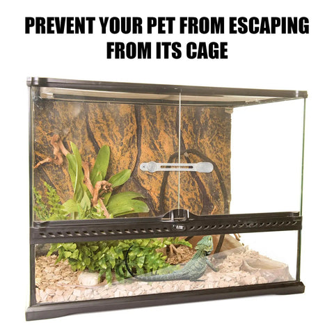 Two Pack Clear Reptile Terrarium Slider Lock Featuring Heavy Duty Adhesive Mount No Drill Needed For Bearded Dragon Cages And Cabinet Latches, transparent design with secure sliding doors.