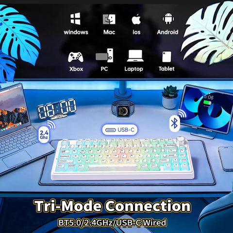 Badass Wireless Mechanical Gaming Keyboard With Dope Creamy Switches And Smooth Volume Knobs Features Tri Mode Bluetooth And Usb C Wired Connect For Gamer Desk Setup with USB-C and multi-device compatibility.