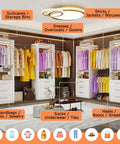 White Modular Closet System, Set Of 4 With 12 Drawers And 8 Rods, showcasing organized dresses, shirts, and accessories in an L shape layout.