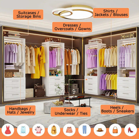 White Modular Closet System, Set Of 4 With 12 Drawers And 8 Rods, showcasing organized dresses, shirts, and accessories in an L shape layout.