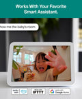 Smart display showing a live video feed of a child waving inside a room, with compatibility icons for Alexa, IFTTT, and Google Home.