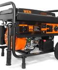 Heavy Duty 4750 Watt Portable Generator With Electric Start And Wheel Kit, side view showing engine and control panel.