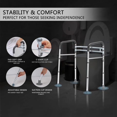 Heavy Duty Toilet Safety Rails Delivering 350 Lbs Weight Capacity, adjustable, non-slip grips, stable support for seniors.