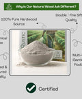 All Natural Hardwood Ash Fertilizer for Plants Potassium Rich Organic Soil Amendment for Garden Lawn Compost Indoor Outdoor Use Ultra Fine Texture Easy to Mix and Apply, shown in clear bowl with packaging.