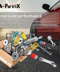 Car parts spilling from a box beside a vehicle, illustrating improved performance with A-Partrix auto parts.