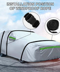 Universal 6 Layer Car Cover For SUVs Up To 190 Inches, showing windproof ropes and reflective strips installation on vehicle.