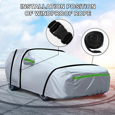 Universal 6 Layer Car Cover For SUVs Up To 190 Inches, showing windproof ropes and reflective strips installation on vehicle.