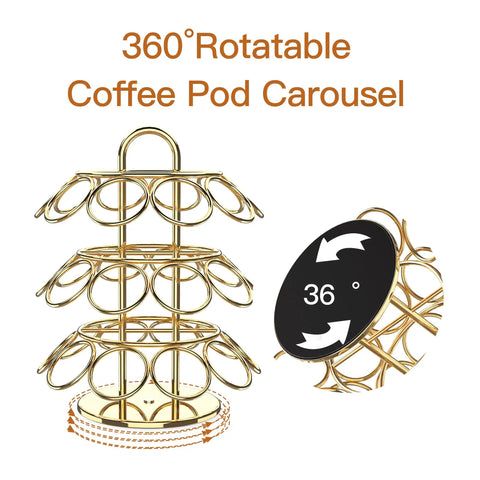 Heavy Duty Metal K Cup Pod Organizer Carousel For Home Kitchen Counter Coffee Station, Holds 27 K Cups, 360° spin gold finish
