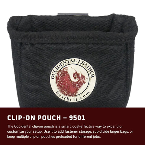 Clip On Pouch For Two Inch Belts Pro Grade Leather Tool Bag With Quick Clip On Design Keeps Your Gear Neatly Organized And Accessible Ideal For Truck Or Toolbox Made In USA, close-up view
