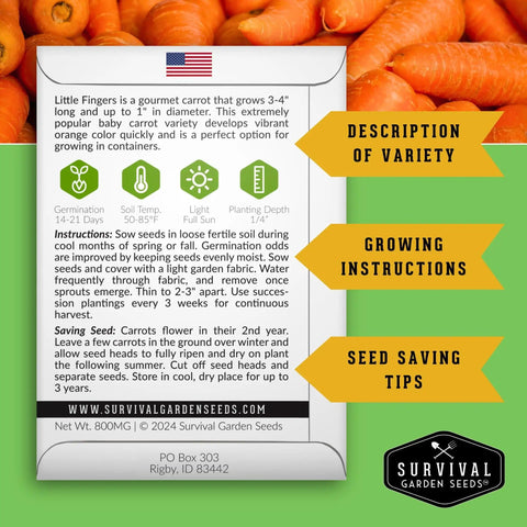 Back of heirloom carrot seed packet with planting instructions, surrounded by fresh carrots, part of 30 Varieties Heirloom Seed Vault Kit.