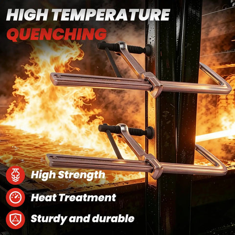 Heavy Duty 12 Inch F-Clamps 4-Pack With Grip Gloves For Welding Woodworking And Metal Assembly Super Strong Drop Forged Steel Tools that withstand high temperatures in a workshop setting.