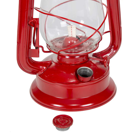 Close-up of lower part of 12 Inch Hurricane Lantern With Durable Red Finish For Camping And Emergencies showing wick and handle