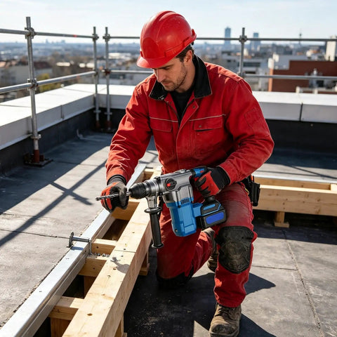 Heavy Duty Hammer Drill Handle For 60-65mm Front Grip With Non Slip Abs Steel Texture That Cools Down Hands and Kills The Vibes On Tough Masonry Projects being used on construction site.