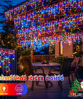 Epic 800 LED Icicle Christmas Lights Outdoor Plug In Multicolor With 160 Drops Waterproof 8 Modes 77.6 Feet Length Plus 10 Feet Extension Cord For Porch Or Backyard Holiday Decor illuminating a porch at night