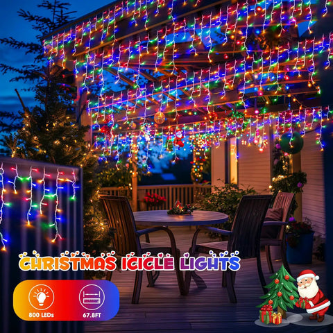 Epic 800 LED Icicle Christmas Lights Outdoor Plug In Multicolor With 160 Drops Waterproof 8 Modes 77.6 Feet Length Plus 10 Feet Extension Cord For Porch Or Backyard Holiday Decor illuminating a porch at night