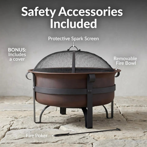 Cauldron Wood Burning Outdoor Fire Pit For Patio And Backyard Hangouts Round Steel Fire Bowl With Cover Removable Ash Pan Spark Screen And Poker Tool Dark Bronze 29 Inch Diameter