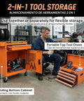 5-Drawer Rolling Tool Chest With Wheels Top Chest And Bottom Cabinet Locking Door Side Tray Pegboard Hooks For Garage Workshop Storage And Organization in a garage setting, open to show compartments and tools.