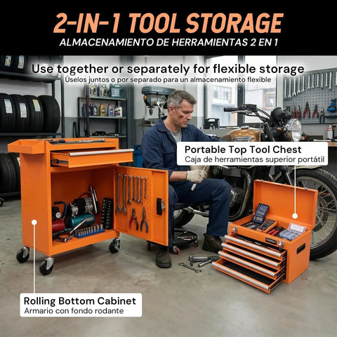 5-Drawer Rolling Tool Chest With Wheels Top Chest And Bottom Cabinet Locking Door Side Tray Pegboard Hooks For Garage Workshop Storage And Organization in a garage setting, open to show compartments and tools.