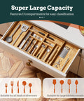 Expandable Magnetic Connected 13 Slot Silverware Drawer Organizer With Adjustable Length From 21 To 37.4 Inches Bamboo Utensil Tray