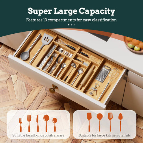 Expandable Magnetic Connected 13 Slot Silverware Drawer Organizer With Adjustable Length From 21 To 37.4 Inches Bamboo Utensil Tray