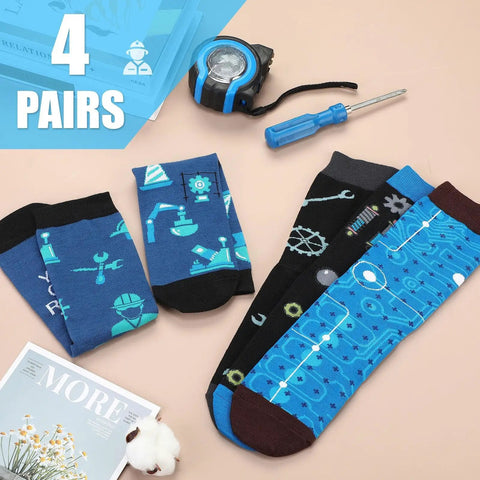 Four Pairs Engineer Socks For Men Funny Novelty Crew Socks Gift Idea For Dad Grandpa Fathers Day Birthday Occupation Gift