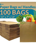 Heavy Duty Kraft Paper Grocery Bags With Handles Pack Of 100 Bulk 12 x 7 x 14 Inches large brown bag with groceries